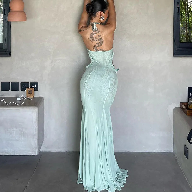 Women's Halter Butterfly Maxi Dress Outfit - Gown Cut Out Mesh See Through Bodycon Dress