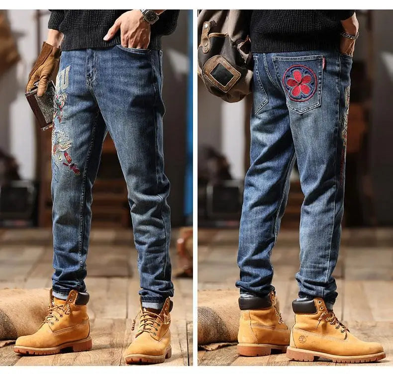 Men's Chinese Embroidered Slim Jeans - Elastic Fit