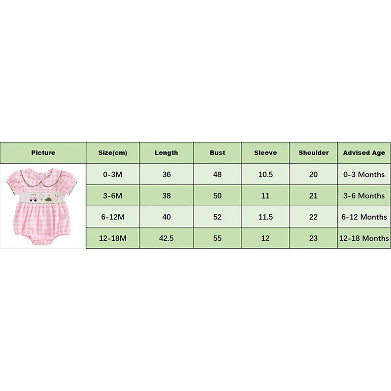 Baby Girls Summer Plaid Romper with Golf Embroidery - Doll Collar Jumpsuit (0-18M)