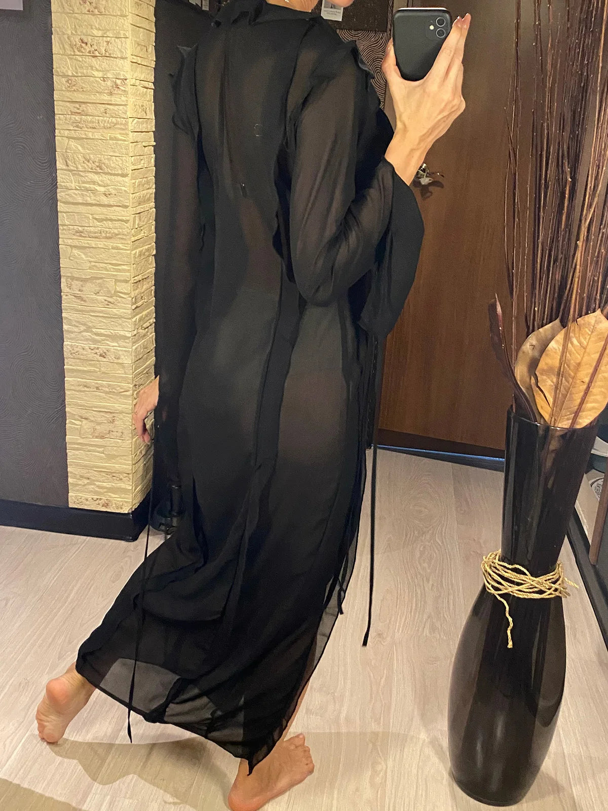 Women's Deep V-Neck High Split Ruffle Beach Cover-Up Maxi Dress