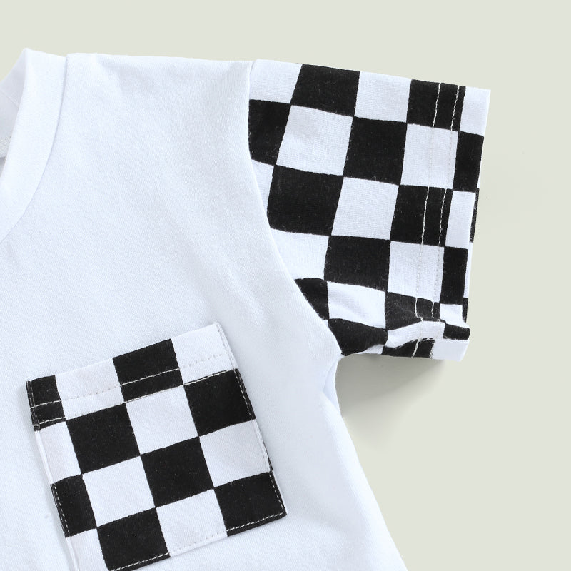 0-3Y Toddler Baby Boy Summer Clothes Sets Plaid Patchwork Short Sleeve Pocket T-Shirt and Elastic Waist Shorts
