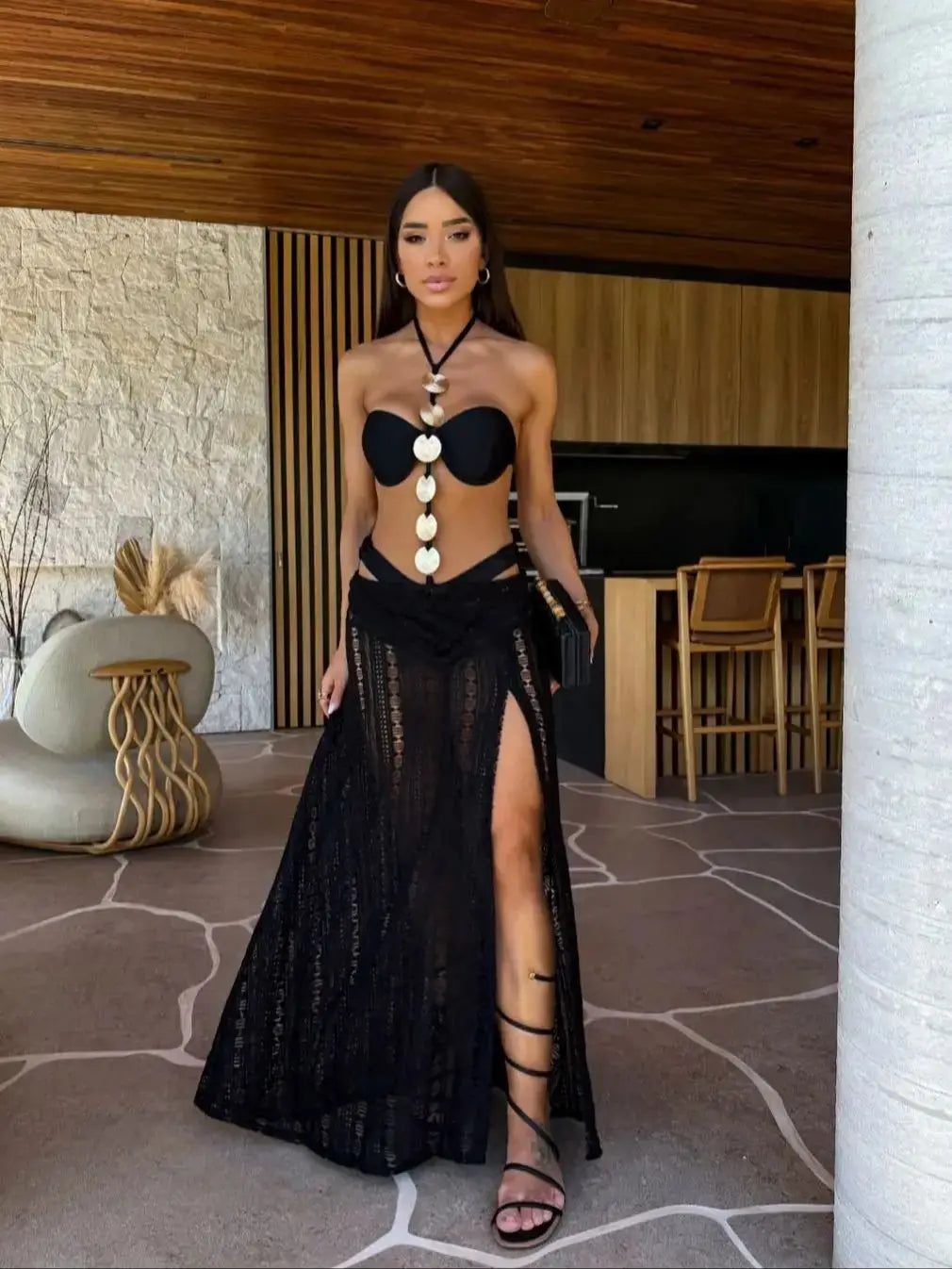 Women's 3-Piece High Leg Bandage Swimwear Set with Slit Skirt - Tie-Neck Halter