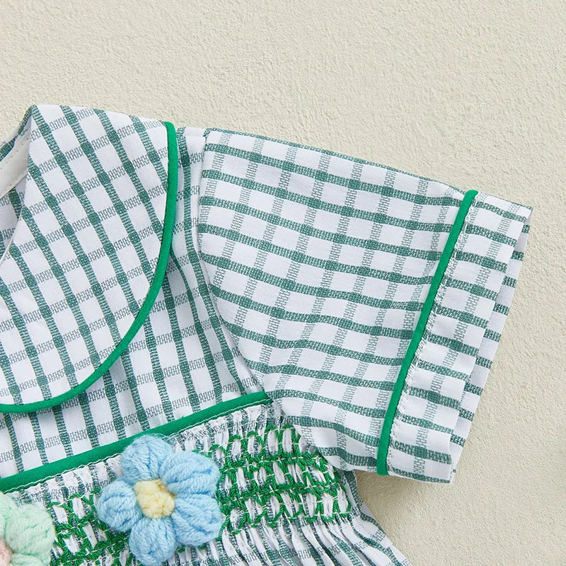 Baby Girls Summer Plaid Romper - Doll Collar Short Sleeve with Flower Embroidery (0-18M)