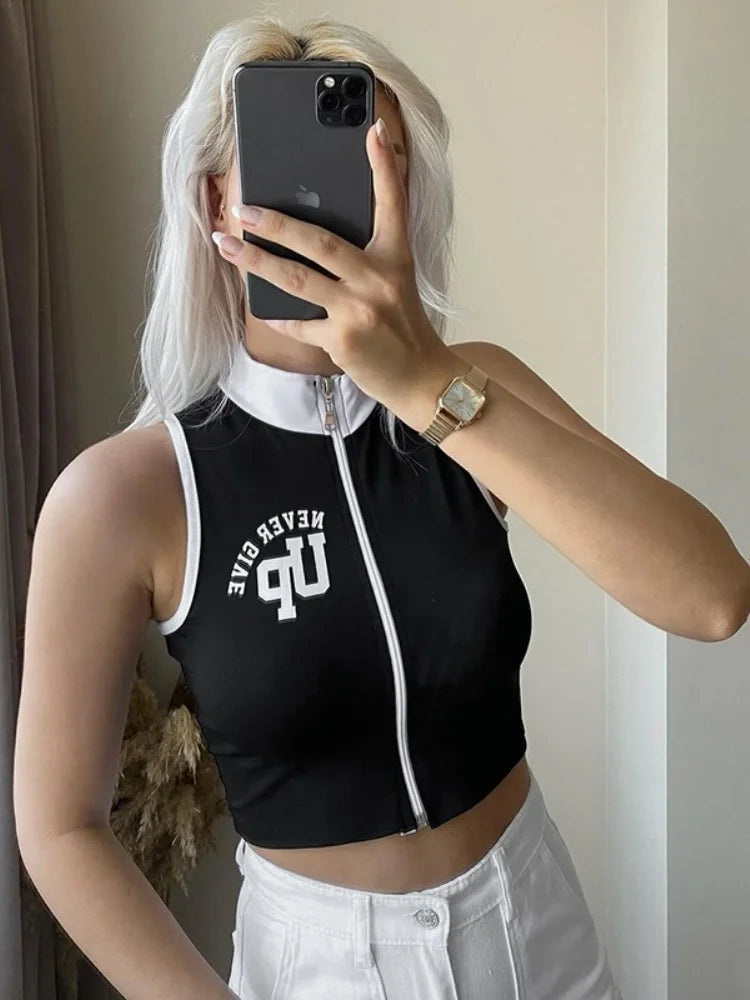 Women Don't Give Up Letters Print  Sleeveless Contrast Colour Crop Top