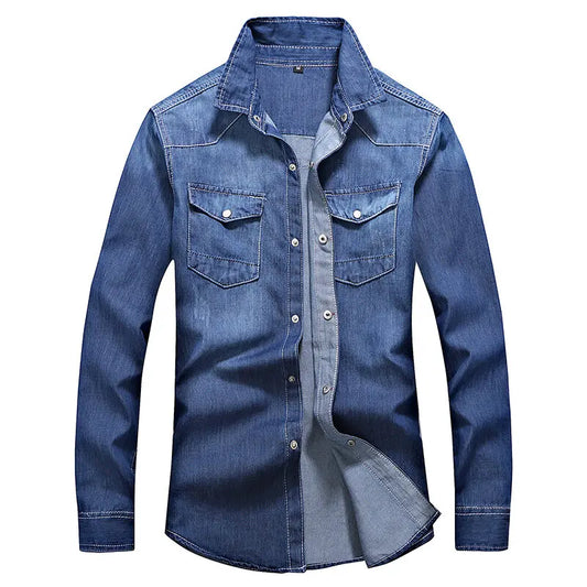 Men's Long Sleeve Denim Shirt - Cotton Turn Down Collar Vintage Jean Shirt