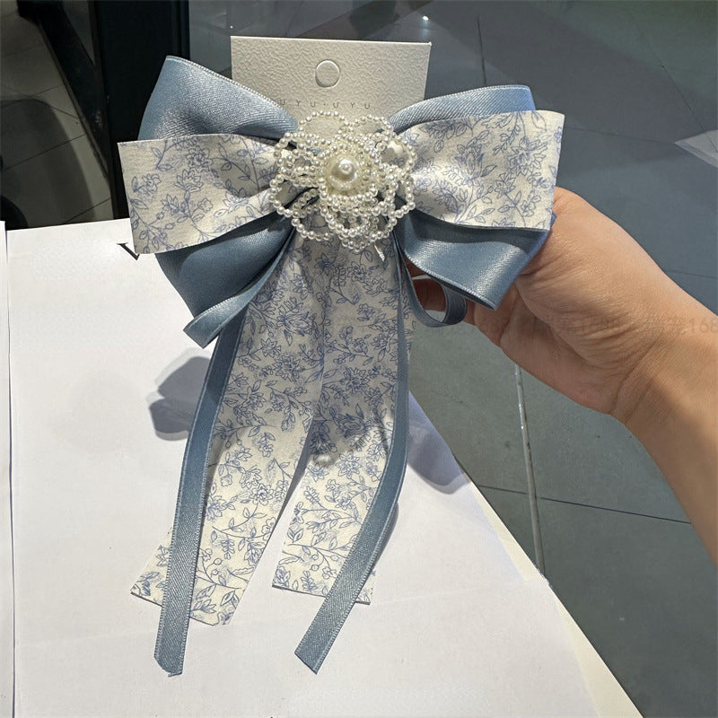 Handmade Fabric Bow Brooch with Pearl Flower Detail