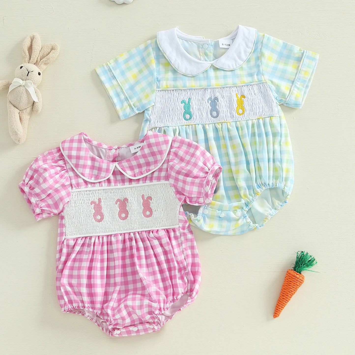 Baby Easter Romper with Bunny Embroidery - Smocked Doll Collar Bodysuit (Unisex)