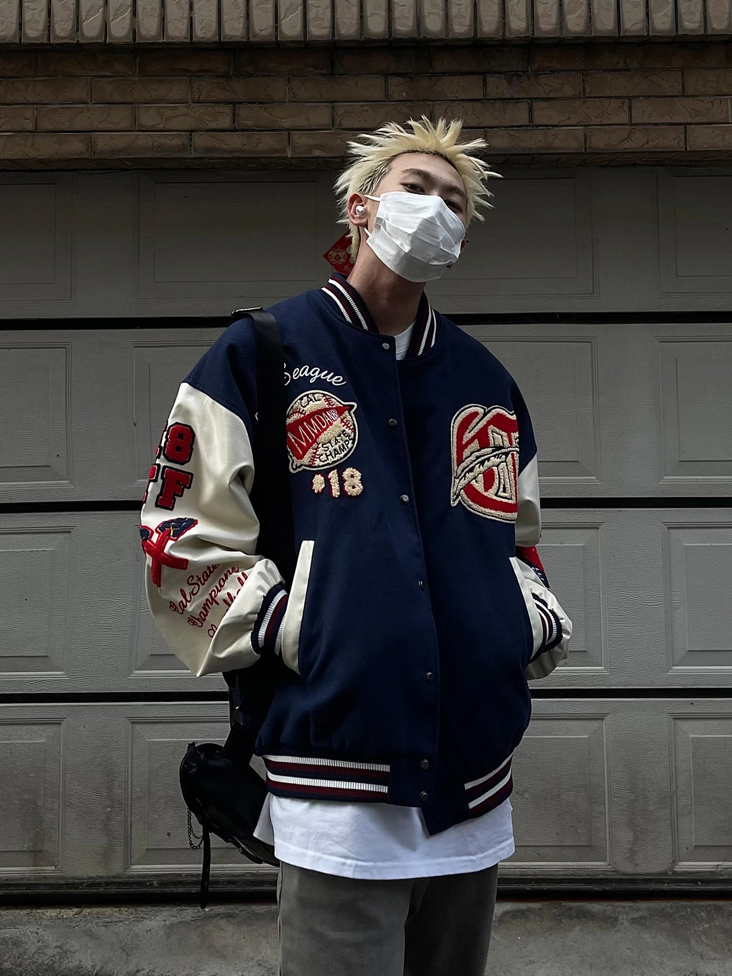 Men's Vintage Flocked Embroidery Patchwork Varsity PU Leather Sleeve Baseball Jacket