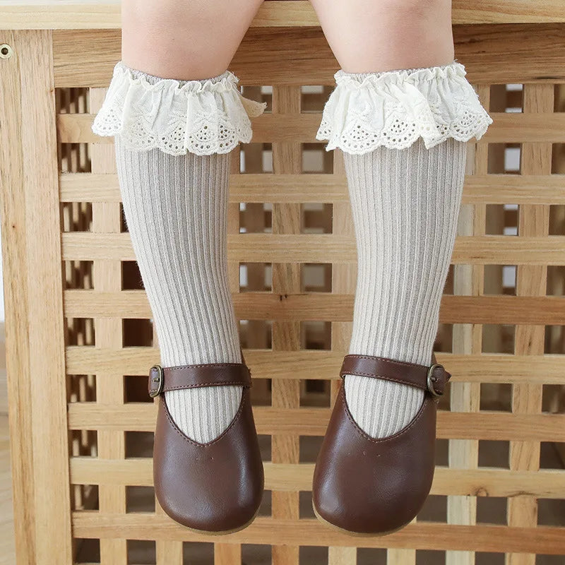 Baby Girls Lace  Stocking Ribbed Knit Non-slip Medium Tube Stockings