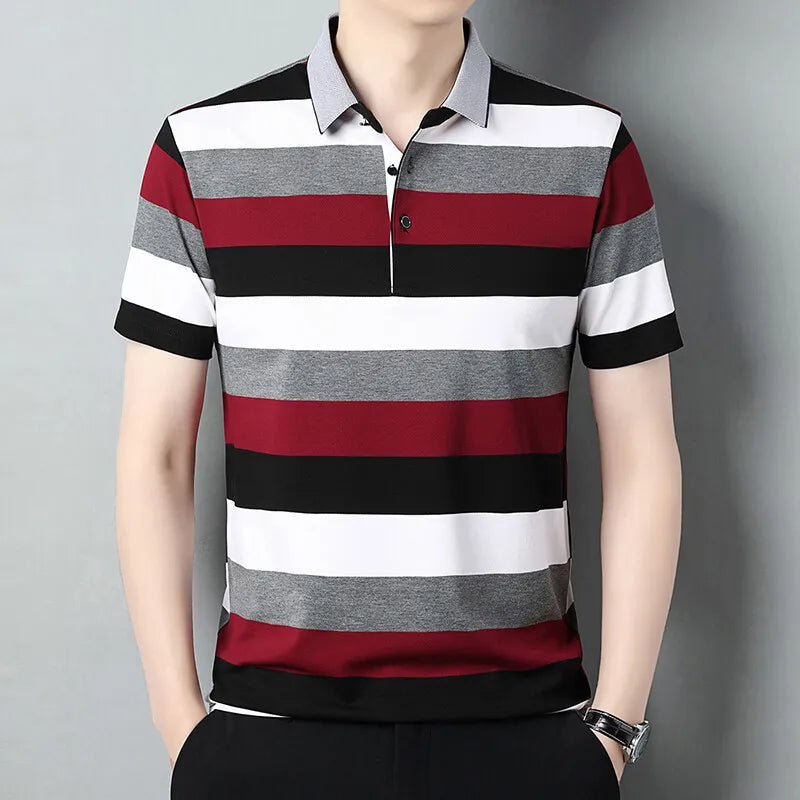 Men's Summer Striped Smart Casual  Short Sleeve Turn Down Collar Slim Fit Polo Shirt
