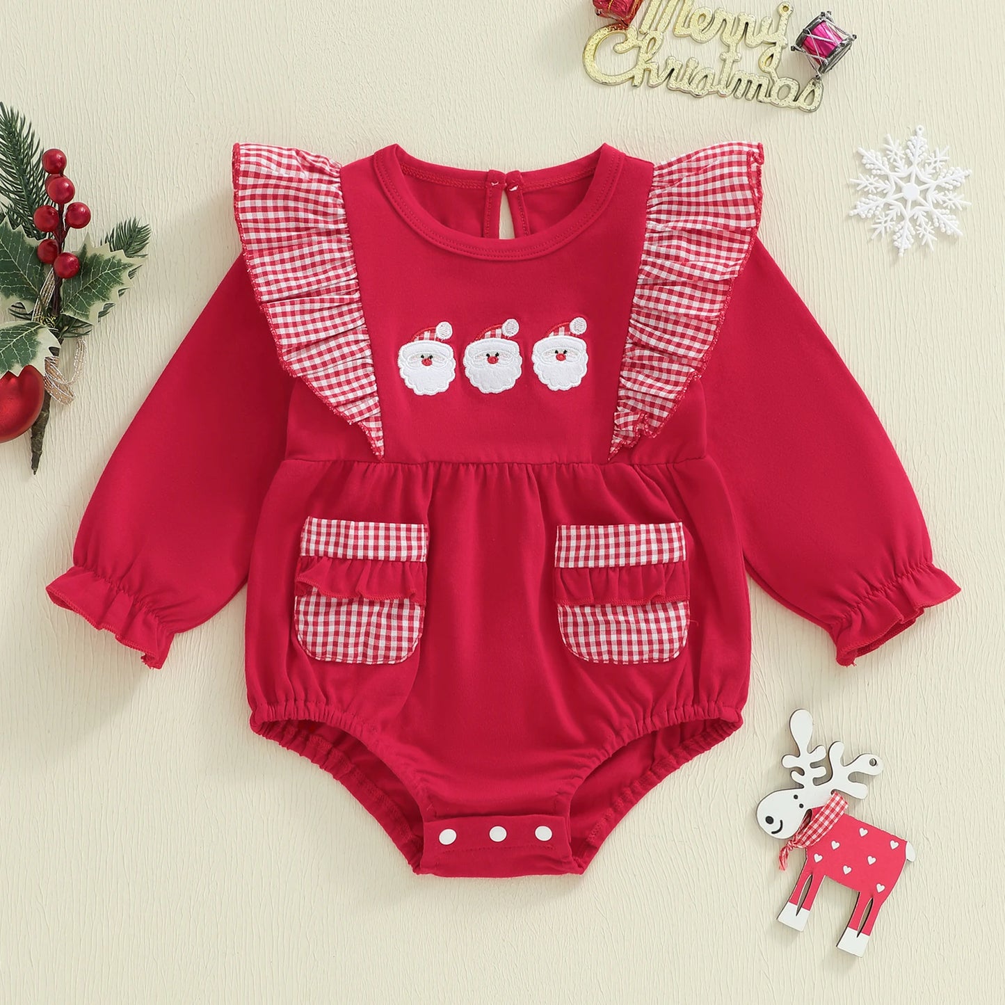 Baby Christmas Romper - Santa Plaid Ruffle Trim Long Sleeve Bodysuit with Pockets (0-18M)
