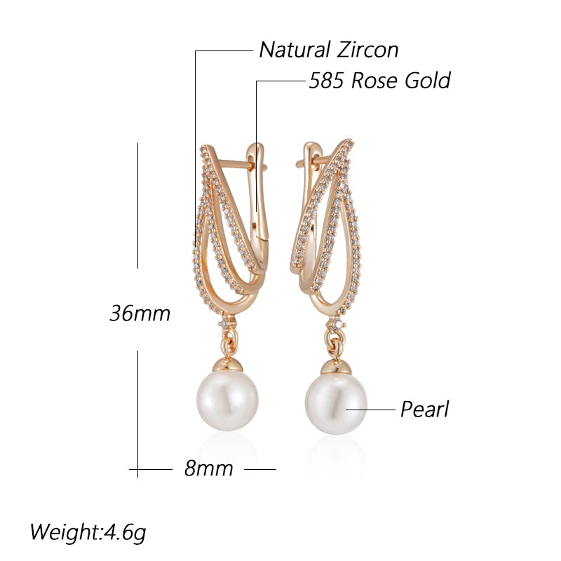 Women Shiny Natural Zircon Unique Geometric 585 Rose Gold Pearl Long Drop Earrings