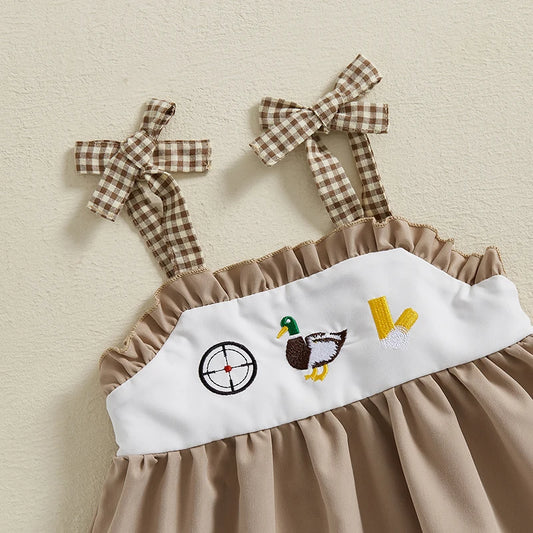 3-7Y Toddler Kids Girls  Clothes Set 2pcs Sleeveless Tie-up Duck Embroidery Camisole with Ruffled Plaid Shorts