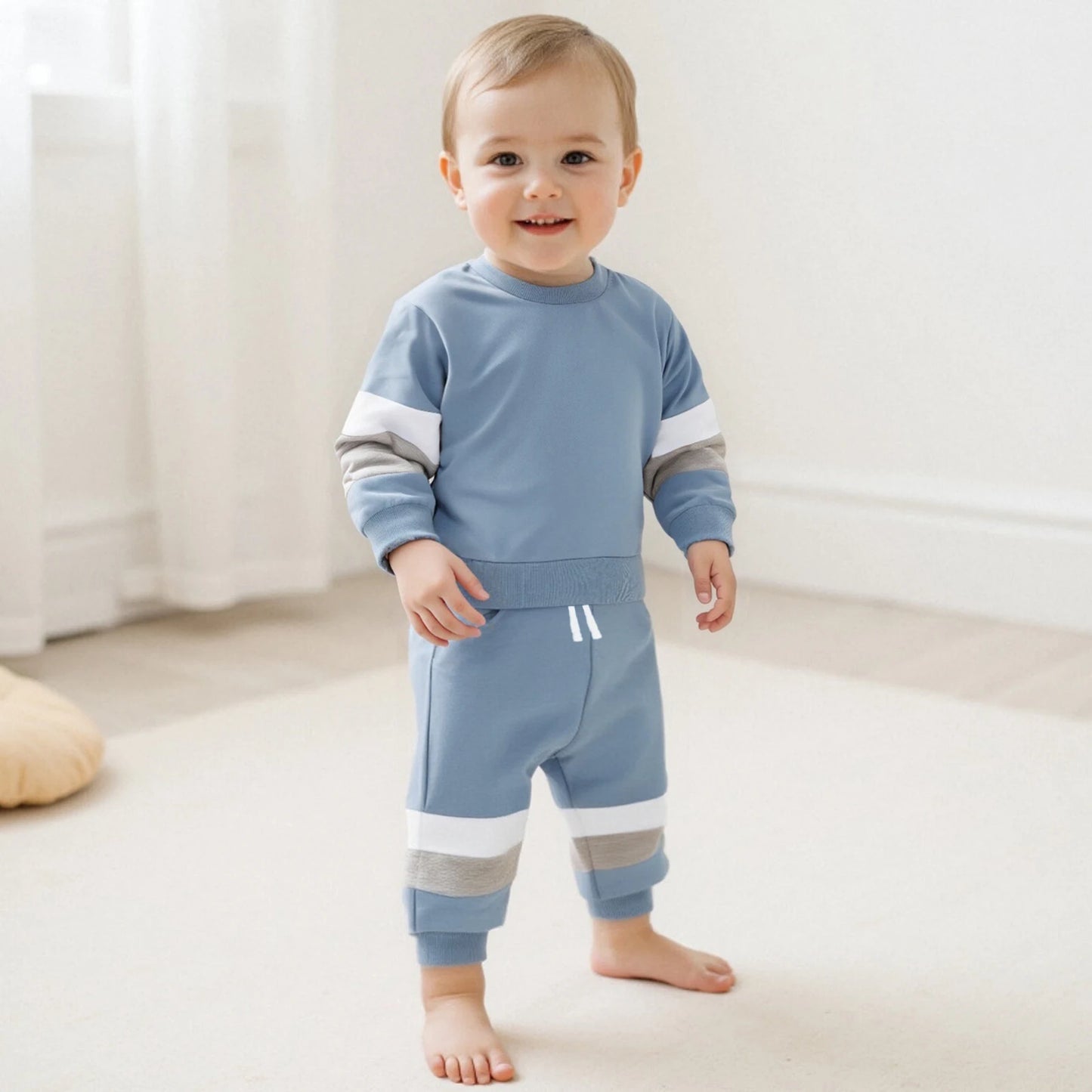 0-3Y Infant Baby Boys Casual Clothes Set Patchwork Long Sleeve Pullover Sweatshirt with Elastic Waist Pants