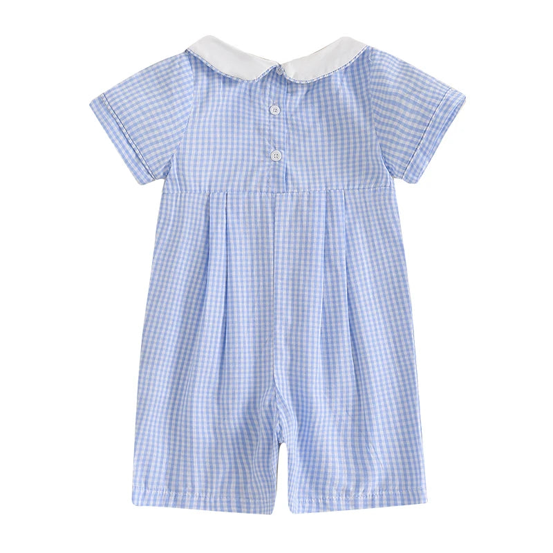 Baby Boys Romper - Doll Collar Golf Embroidery Plaid Jumpsuit
