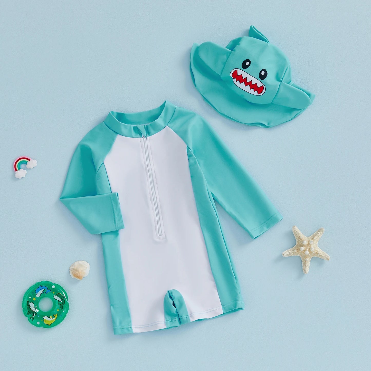Baby Boys Rash Guard Swimsuit Set - Long Sleeve Zip-Up with Sun Cap