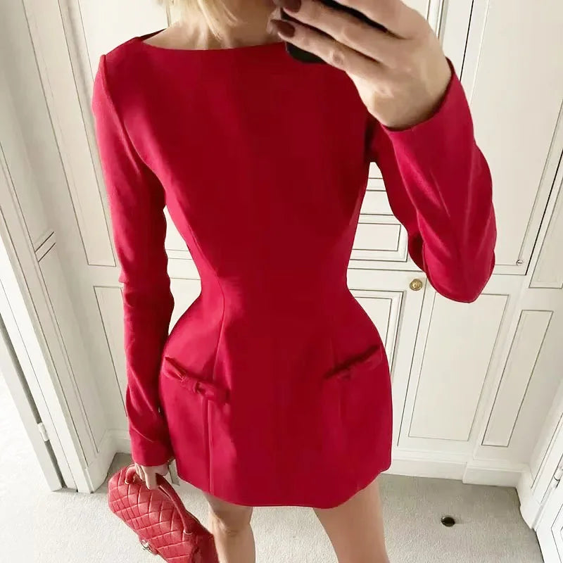 Women's Bows Splice Long Sleeve Mini Dress Elegant Office Woman Solid Bodycon Club Party Dresses 2024 Autumn High Waist Fashion