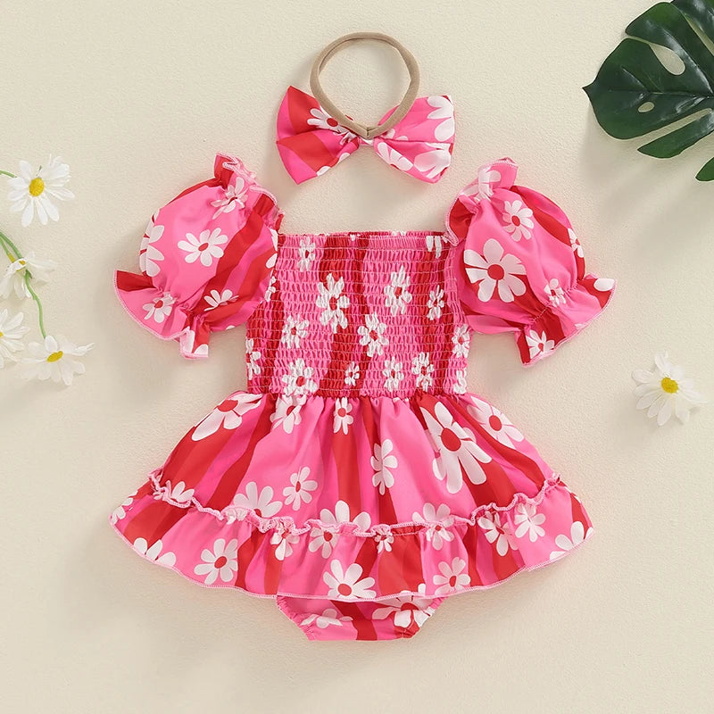 0-18M Baby Girls Summer Sweet Romper Dress Short Sleeve Elastic Neckline Sunflowers Print Jumpsuits with Headband