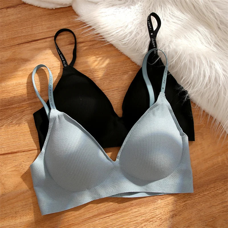Women's 3/5Pcs/set Wireless Bra Deep V Padded Bralette Stripe Knitting Bras