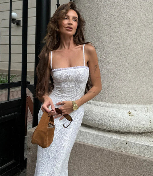 Women's Elegant White Lace Slip Maxi Dress - Sleeveless Backless Bodycon Dress