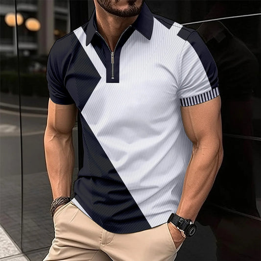 Men's Summer Print Patchwork Turn Down Collar Short Sleeve Sports Casual Polo  Zipper Shirt