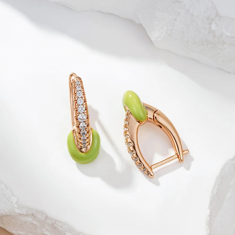 Women's Natural Zircon 585 Rose Gold Colour Green Enamel Drop Earrings