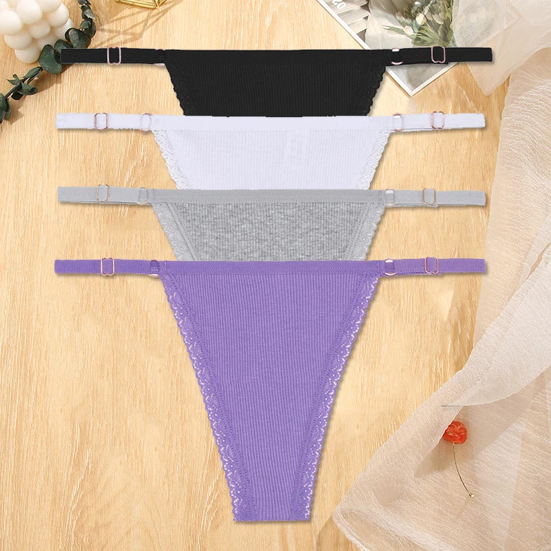 Women's Cotton Thongs 4-Piece Set - Adjustable Waistband Low-Rise Underwear