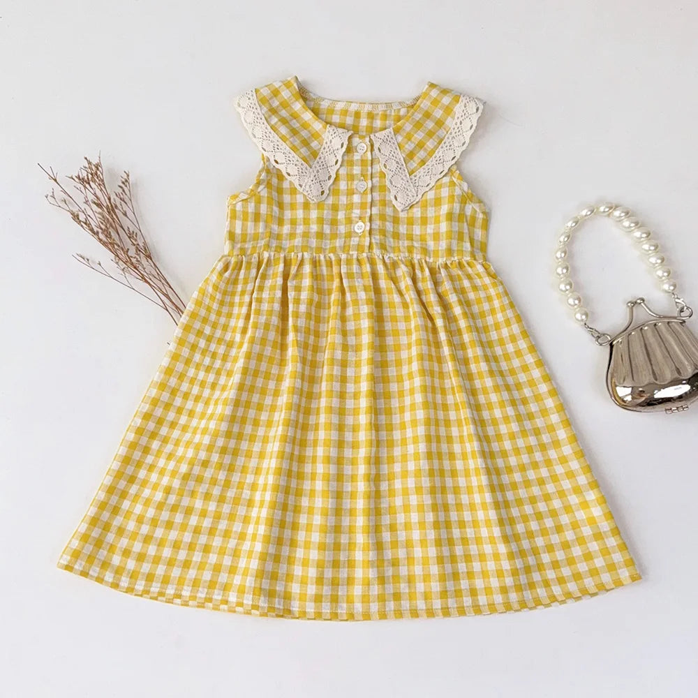 Girl's Lace Lapel Princess Sleeveless Plaid Print Dress