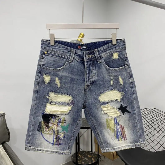 Men's Embroidered Ripped Denim Shorts - Slim Fit