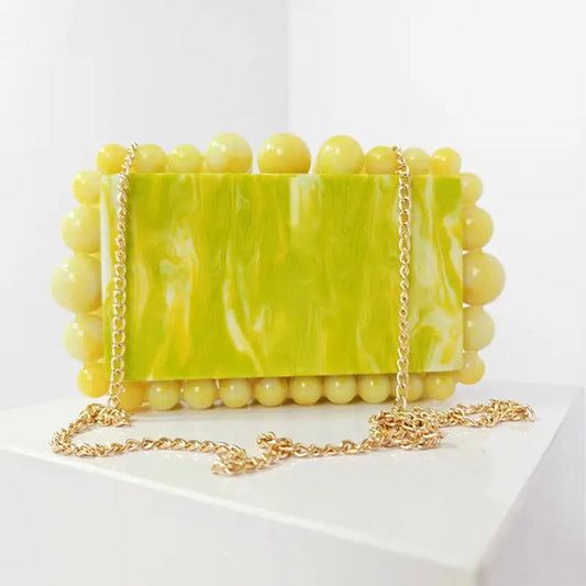 Women's Acrylic Marble Crossbody Box Shoulder Bag - Clutch Amber Bead Small Square Cosmetic Underarm Handbag