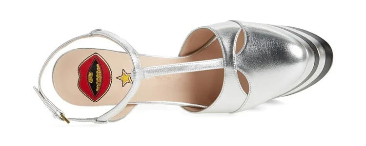 Women's Leather Platform Sandals - Wedge Heel Rivet T-Strap Sandals