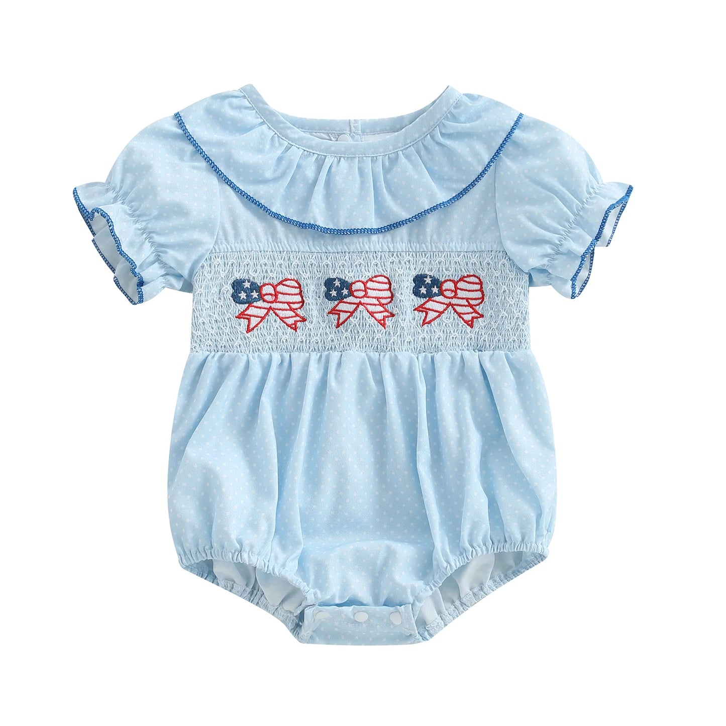 Baby Girls' Independence Day Romper - Dot Print Bow Flag Embroidery Ruffled Jumpsuit