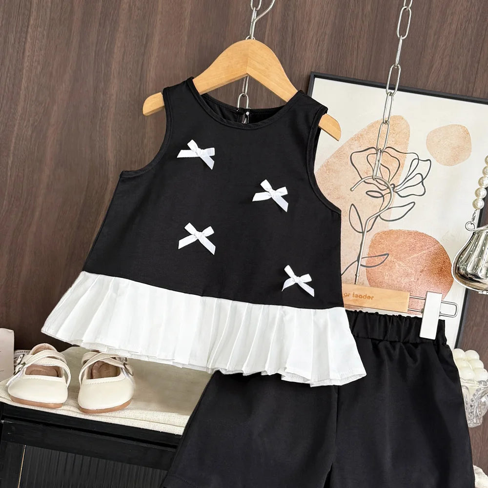Girl's 3D Bow Round Neck Sleeveless Top and Short 2-Pcs Set