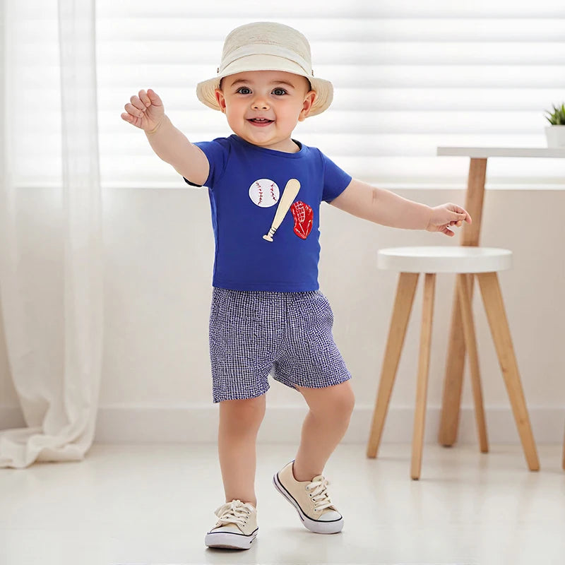 Baby Boys Baseball Outfit Set - Embroidery T-Shirt with Plaid Shorts