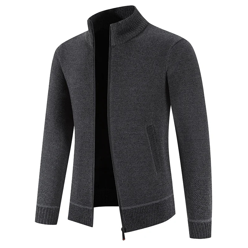 Men's Thick Knit Zip-Up Cardigan with Stand Collar