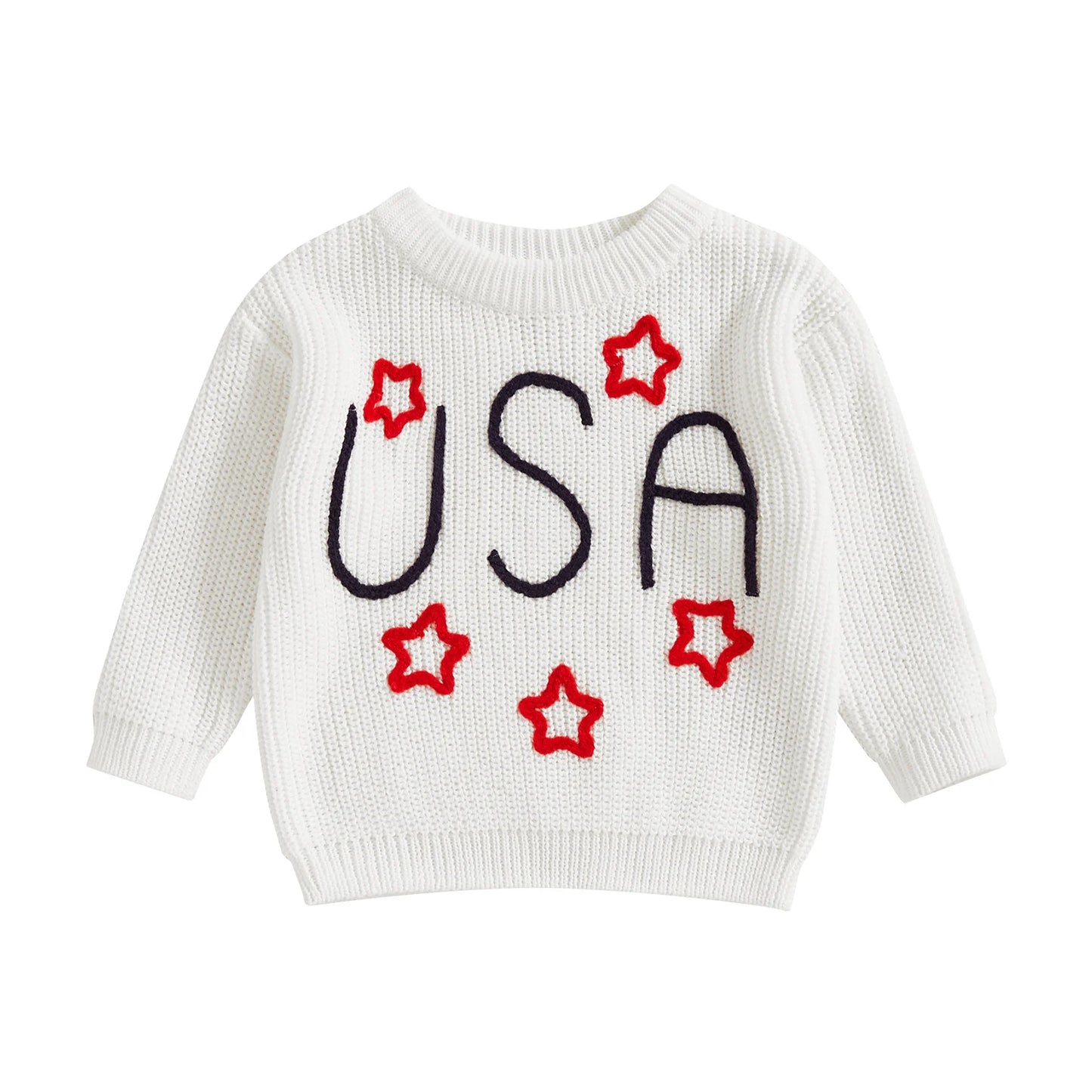 0-5Y USA Kids Boys Girls Sweater Letter Star Embroidery Long Sleeve Crew Neck Knitted Pullover Tops