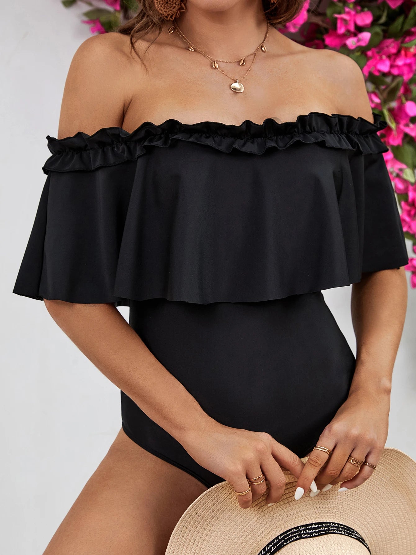 Women's Ruffle Swimwear One Piece  Off Shoulder Bodysuit Push Up Swimsuit