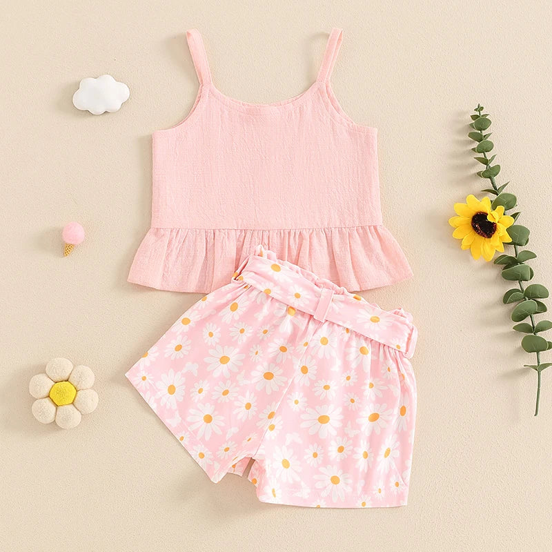 0-4Y Girls Summer Clothes Sets - Sleeveless Button Up Camisole Vest, Sunflowers Print Shorts Sets