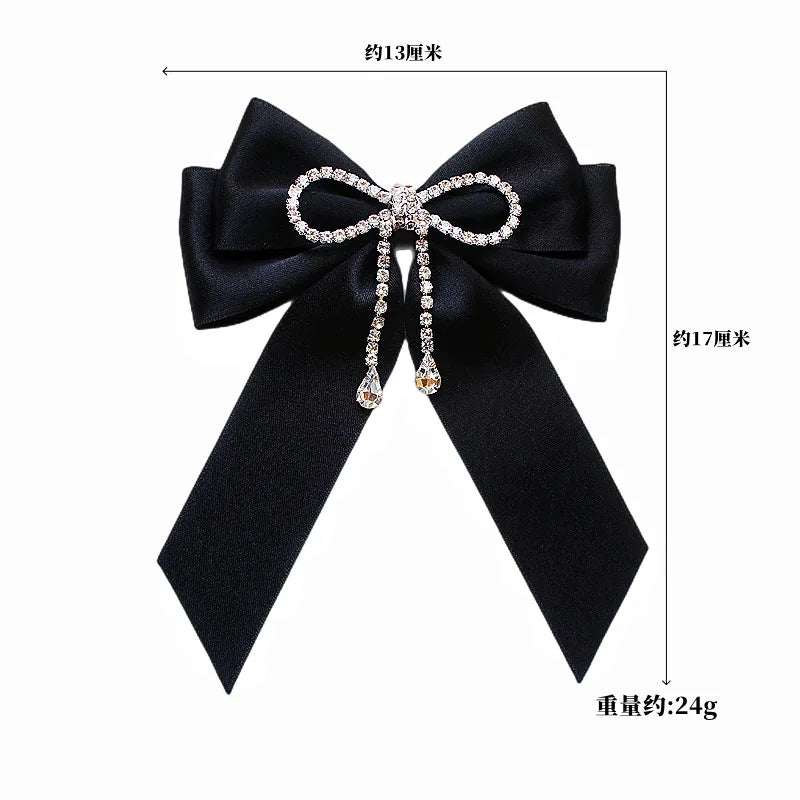 Black Fabric Bow Brooch - College Style Crystal Collar Pin