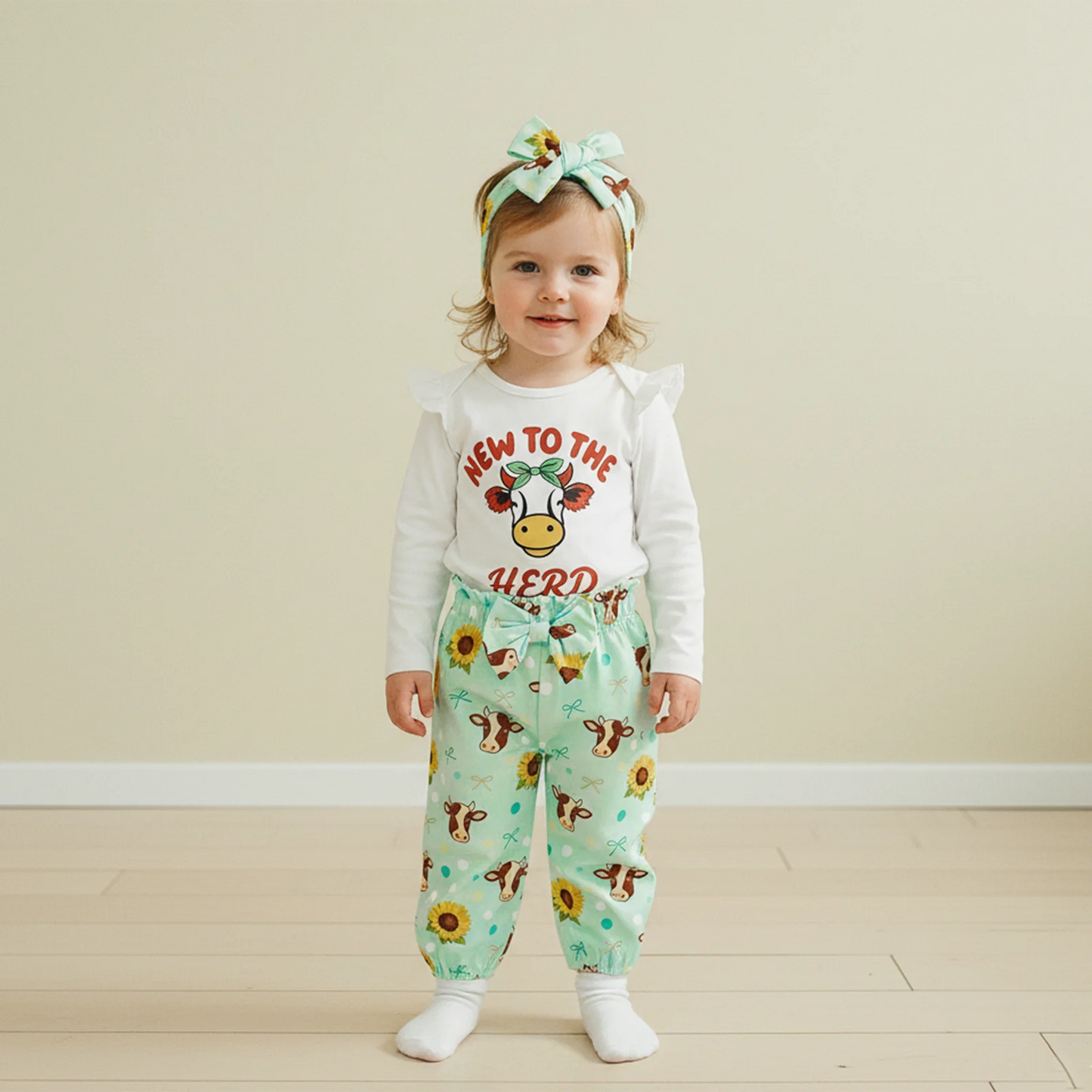 Baby 3-Piece Outfit Set - Cow Print Letter Romper, Pants & Headband