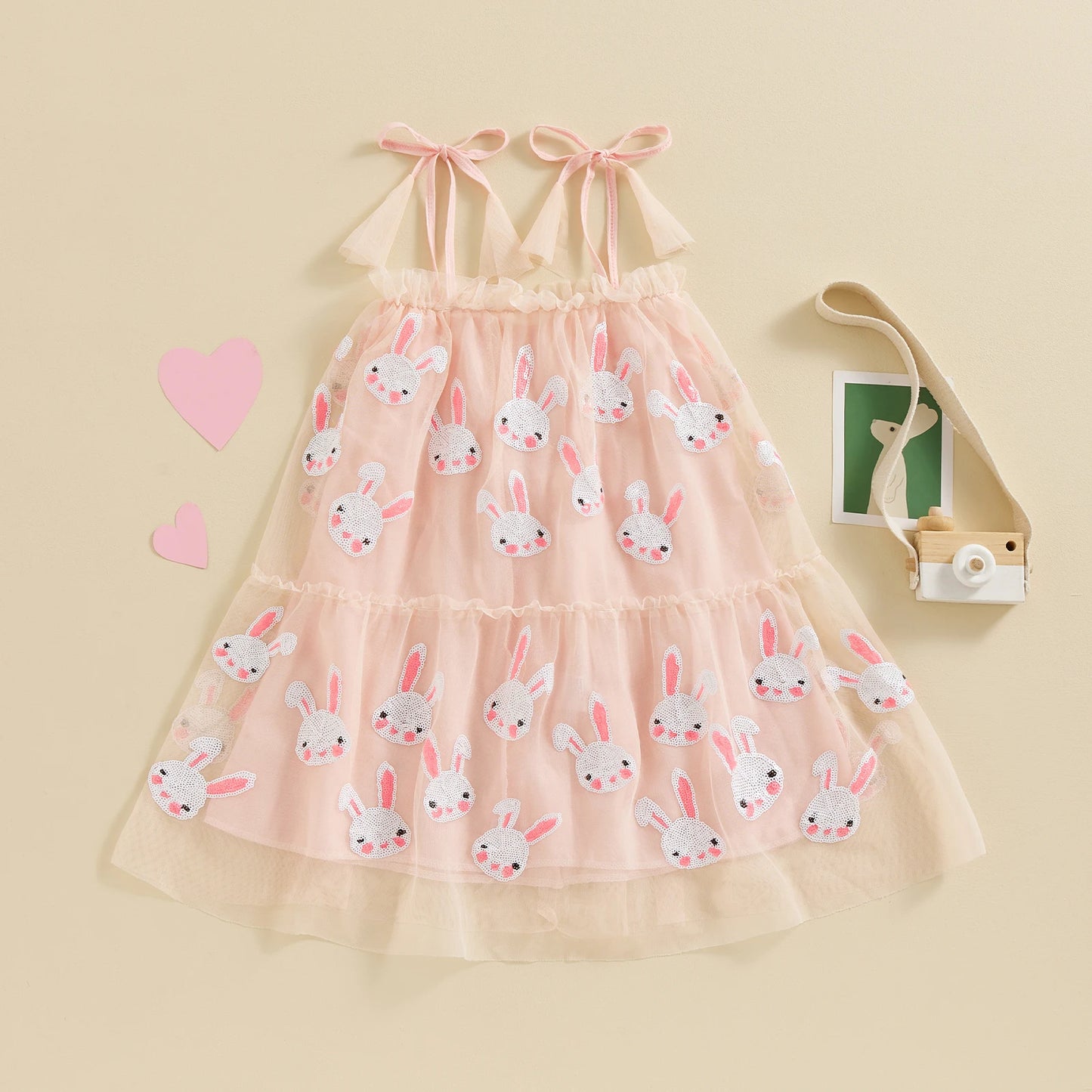 0-7Y Baby Girls Easter Sleeveless Dress/Romper Tie-Up Spaghetti Strap Sequin Rabbit Pattern Tulle A-Line Dress