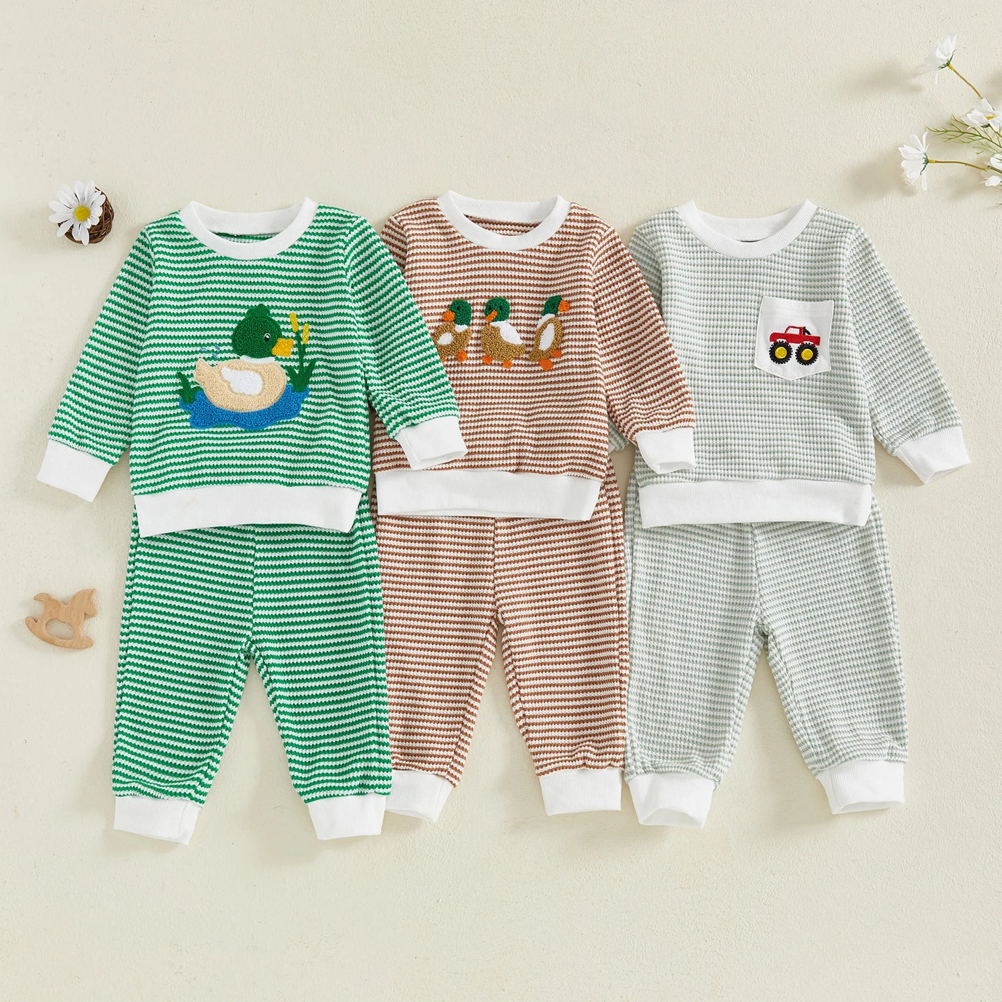 Baby Boy's Outfit Set - Duck/Truck Embroidered Striped Sweatshirt & Pants