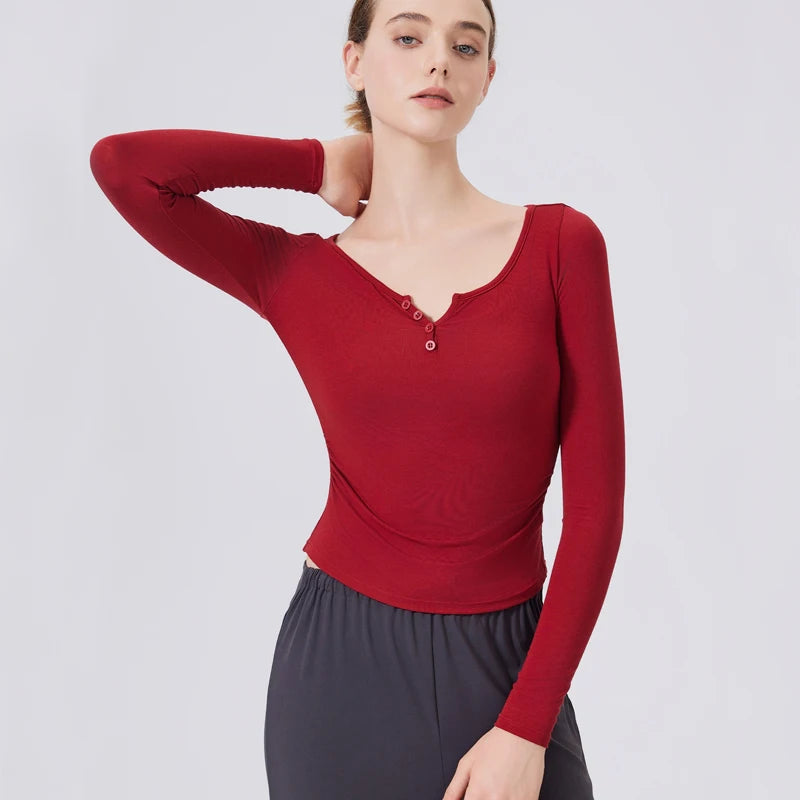 Women's Long Sleeve V-Neck Yoga Shirt - Slim Fit Breathable Workout Top