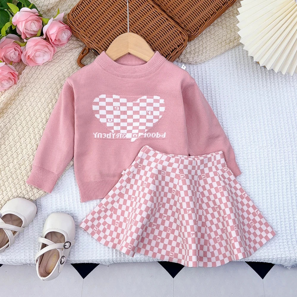 Girl's Heart-shaped Printed Round Neck Red Top and plaid Pleated A-line Skirt Set