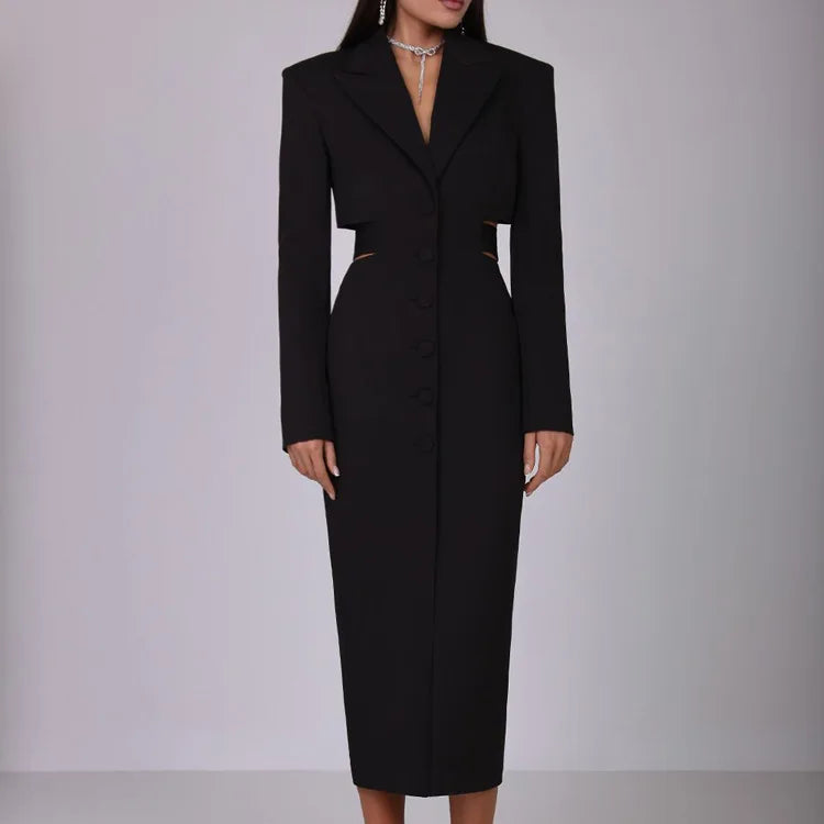 Women's Hollow Waist Suit Single Breasted Midi Lapel Long Sleeve Elegant Dress