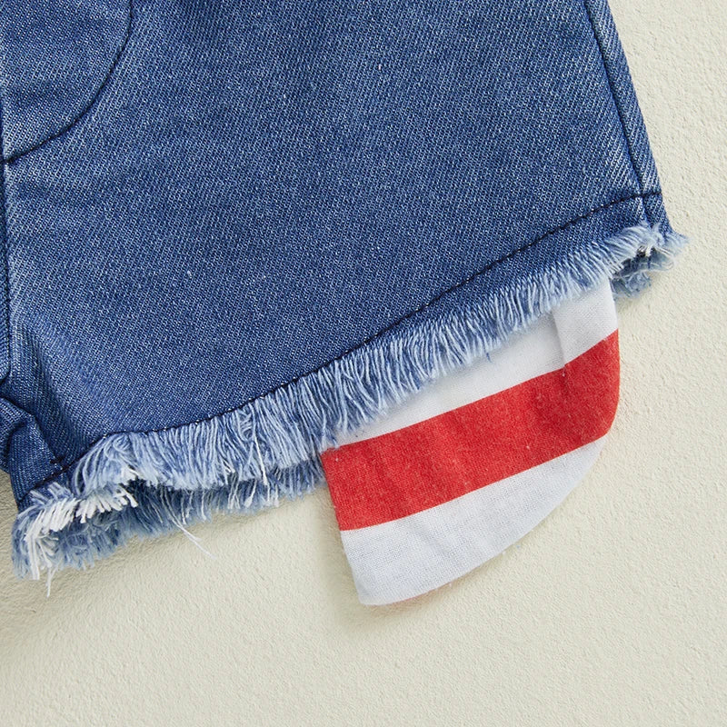 0-4Y Kids Girls American Flag Clothes Sets Star Stripe Print Camisole and Elastic Raw Denim Shorts