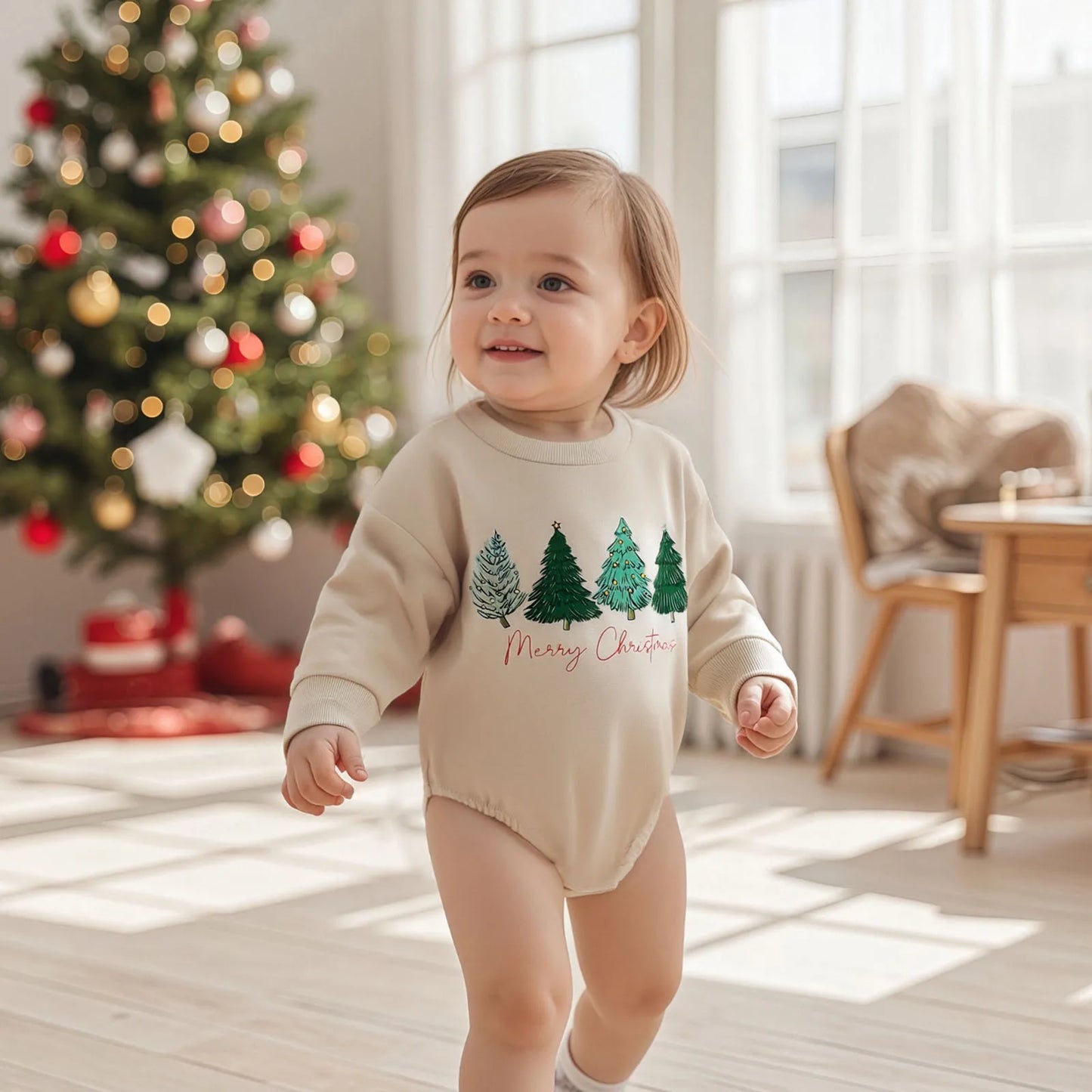 Baby Christmas Romper - Long Sleeve Tree Letter Print Bodysuit (0-18M)