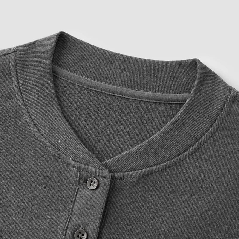 Long Sleeve Cropped Thermal Fleece Layered Henley Neck Slim Fit Top