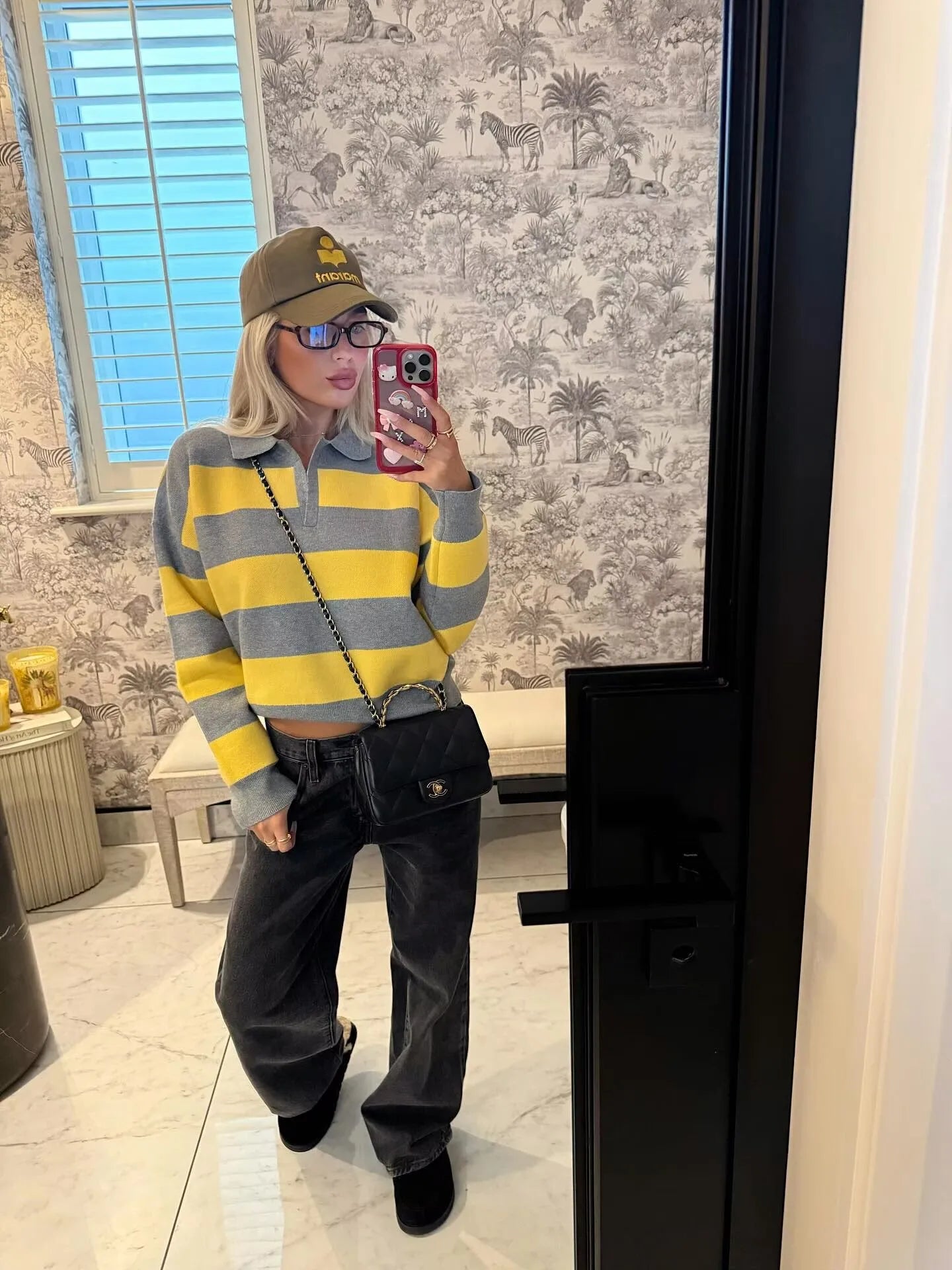 Striped Knit Polo Neck Sweater