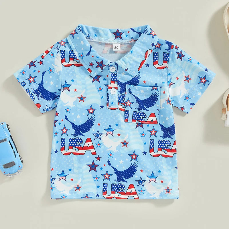 0-4Y Toddler Kids Boys T Shirt Short Sleeve Eagle/Donut/Bull/Fireworks Print Pullover Tops for Independence Day